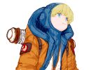  1girl absurdres apex_legends bangs blonde_hair blue_eyes blue_headwear blue_sweater bodysuit chinese_commentary flat_chest freckles from_side highres hood hood_down hooded_jacket jacket lightning_bolt_symbol looking_up orange_jacket portrait ribbed_sweater shan_yu_(muzi9349) simple_background smile solo sweater wattson_(apex_legends) white_background white_bodysuit 