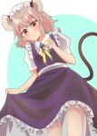  1girl alternate_costume animal_ears apron blue_dress border dress expressionless grey_hair highres maid maid_apron maid_headdress mouse mouse_ears mouse_tail nazrin red_eyes shirt short_hair short_sleeves solo tail touhou white_border white_shirt yoihebi 