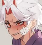  1boy alternate_hair_length alternate_hairstyle arataki_itto blush crying facepaint fang furrowed_brow gauze genshin_impact half-closed_eye highres horns japanese_clothes male_focus multicolored_hair portrait red_eyes red_horns redhead simple_background solo tears thick_eyebrows wamosukeda white_hair 