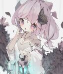  1girl absurdres black_wings cross cross_necklace demon_horns dress feathered_wings feathers highres holding holding_lamp horns jewelry long_sleeves looking_at_viewer medium_hair necklace nep_(nep_76) open_mouth original pink_eyes pink_hair smile solo upper_body white_dress wings 
