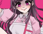  1girl apron bandaged_arm bandages bangs black_hair blush collared_shirt danganronpa_(series) danganronpa_2:_goodbye_despair dress_shirt gradient gradient_background long_hair mole mole_under_eye ori_(oriorichannn) pink_eyes pink_shirt puffy_short_sleeves puffy_sleeves shirt short_sleeves smile solo tsumiki_mikan upper_body white_apron 