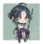  1boy ahoge arm_tattoo bead_necklace beads black_hair chibi closed_mouth eyeshadow facial_mark forehead_mark full_body genshin_impact gloves green_hair highres holding holding_polearm holding_weapon jewelry looking_at_viewer makeup male_focus multicolored_hair necklace polearm primordial_jade_winged-spear_(genshin_impact) red_eyeshadow simple_background solo spear tattoo weapon xiao_(genshin_impact) yellow_eyes zaso 