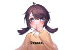  1girl absurdres ahoge bangs brown_hair brown_sweater character_request collared_shirt commentary_request djmax dress_shirt hair_between_eyes hand_to_own_mouth hand_up highres iznal long_hair long_sleeves looking_at_viewer low_twintails parted_lips puffy_long_sleeves puffy_sleeves shirt simple_background sleeves_past_wrists smile solo sweater twintails upper_body violet_eyes white_background white_shirt 