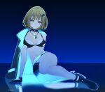  1girl asymmetrical_legwear bra choker coat dog_tags gloves glowing green_hair hair_ornament hairclip heterochromia high_heels highres hukka_(hukka_ready) idolmaster idolmaster_cinderella_girls idolmaster_cinderella_girls_starlight_stage legs midriff navel on_floor shorts takagaki_kaede underwear 