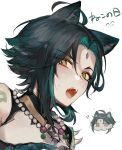  !? 1boy ahoge animal_ears arm_tattoo bead_necklace beads black_hair cat_day cat_ears eyeshadow facial_mark fangs forehead_mark genshin_impact gloves green_hair highres jewelry makeup male_focus multicolored_hair multiple_views necklace open_mouth orange_eyes red_eyeshadow simple_background sketch sweat tattoo upper_body white_background xiao_(genshin_impact) zaso 