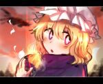  1girl :o blush clouds cloudy_sky commentary_request dusk food hat holding holding_food maribel_hearn mob_cap moyashi_(oekaki_touhou) open_mouth outdoors petals potato purple_scarf scarf short_hair sky solo steam sweet_potato touhou upper_body violet_eyes white_headwear 