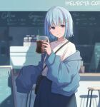  1girl absurdres alternate_hairstyle bag blue_hair blurry blurry_background blush bob_cut cup disposable_cup drink drinking_straw ene_mizunoawa english_text hair_ornament hairclip handbag highres holding holding_cup ice ice_cube jacket light_smile lize_helesta looking_at_viewer nail_polish nijisanji off_shoulder red_nails short_hair skirt sleeves_past_fingers sleeves_past_wrists solo standing violet_eyes virtual_youtuber 