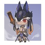 1boy animal_hat bangs black_choker black_headwear chibi choker closed_mouth commentary_request cyno_(genshin_impact) dark-skinned_male dark_skin egyptian_clothes full_body genshin_impact hair_between_eyes hair_over_one_eye hat highres holding holding_polearm holding_weapon long_hair male_focus polearm red_eyes simple_background solo spear standing weapon white_hair zaso 