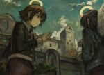  absurdres black_hair black_jacket brown_eyes brown_hair cigarette clock clouds haibane_renmei halo highres jacket kornod long_hair plant rakka_(haibane) reki_(haibane) short_hair skirt smoking wings 