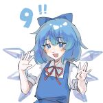  1girl bangs blue_bow blue_dress blue_eyes blue_hair bow chinese_commentary cirno commentary_request dress hair_bow hands_up highres ice ice_wings linglingzhisheng medium_hair neck_ribbon open_mouth puffy_short_sleeves puffy_sleeves red_ribbon ribbon shirt short_sleeves smile solo touhou white_shirt wings 