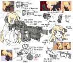  1girl :3 ahoge aiming akari_(blue_archive) bangs black_horns blonde_hair blue_archive blue_eyes flukhan game_screenshot gloves gun halo highres holding holding_gun holding_weapon horns korean_text long_hair long_sleeves multiple_views reference_inset simple_background symbol-shaped_pupils tongue translation_request twitter_username weapon white_background wide_sleeves x-shaped_pupils 