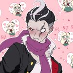  1boy bangs biting black_bow black_hair black_jacket blush bow collarbone danganronpa_(series) danganronpa_2:_goodbye_despair dress dudeoji_(dotheg_ansoni) earrings green_dress hair_bow heart heterochromia highres jacket jewelry lip_biting open_clothes open_jacket pink_scarf portrait puffy_short_sleeves puffy_sleeves scarf shirt short_hair short_sleeves sideways_glance solo sonia_nevermind tanaka_gandamu thought_bubble white_hair white_shirt 