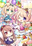  3girls ;d animal_ear_fluff animal_ears balloon black_footwear blonde_hair blue_bow blue_dress blush boots bow box brown_hair brown_pantyhose cat_ears cat_girl cat_tail champagne_flute champion_uniform chibi commentary_request cookie crown cup dog_ears dog_girl dog_tail dress drinking_glass floral_background flower food fork frilled_dress frills fur-trimmed_boots fur_trim garter_straps gift gift_box green_eyes hair_flower hair_ornament heart_balloon holding holding_balloon jacket kneeling long_hair mini_crown multiple_girls one_eye_closed open_clothes open_jacket original outstretched_arm pantyhose pink_background pink_dress plate puffy_short_sleeves puffy_sleeves purple_dress purple_footwear purple_jacket rabbit_ears rabbit_girl rabbit_tail red_eyes red_flower red_rose rose ryuuka_sane shoes short_sleeves sitting smile socks spoon star_(symbol) starry_background striped striped_bow tail thigh-highs thighhighs_under_boots two_side_up very_long_hair violet_eyes white_footwear white_socks white_thighhighs yellow_jacket 