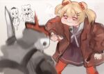  1other 3girls angry animal_ears arknights bad_id bad_twitter_id bear_ears bear_girl blonde_hair brown_coat candy_hair_ornament coat commentary food-themed_hair_ornament frying_pan gummy_(arknights) hair_ornament hairclip haqlue istina_(arknights) multiple_girls pantyhose puffy_cheeks red_pantyhose yellow_eyes zima_(arknights) 