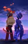  armarouge ceruledge clouds commentary_request eye_trail fire from_side grass highres hsin light_trail outdoors pokemon red_eyes sky standing violet_eyes 