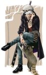  1boy black_footwear black_hair commentary_request covered_eyes crossed_legs hat highres jacket male_focus on_lap one_piece open_mouth playing raccoon short_hair sitting smile sword tattoo trafalgar_law user_erup8438 weapon 