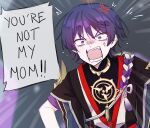  1boy anger_vein angry bangs english_commentary english_text fallenmaples genshin_impact hair_between_eyes highres japanese_clothes male_focus open_mouth purple_hair scaramouche_(genshin_impact) short_hair short_sleeves shouting solo speech_bubble teeth upper_body violet_eyes wide_sleeves 