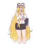  1girl black_skirt blonde_hair breasts collared_shirt glasses hat highres large_breasts long_hair long_sleeves mata_(matasoup) mob_cap pencil_skirt shirt sidelocks simple_background skirt solo thick_thighs thighs touhou very_long_hair white_background white_headwear white_shirt yakumo_yukari yellow_eyes 
