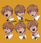  angry black_necktie blonde_hair chainsaw_man clone collar denji_(chainsaw_man) disgust happy head_only highres looking_at_viewer looking_to_the_side necktie open_mouth sharp_teeth short_hair smile tasuketemama teeth yellow_eyes 
