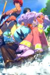  1boy 2girls creature dark-skinned_female dark_skin dress echo_(circa) farah_oersted full_body gloves green_hair long_hair meredy_(tales) midriff multiple_girls open_mouth purple_hair reid_hershel short_hair tales_of_(series) tales_of_eternia tree twintails violet_eyes water 