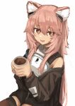  1girl :d absurdres animal_ear_fluff animal_ears arknights bangs bare_shoulders brown_eyes brown_jacket brown_thighhighs commentary_request cup gravel_(arknights) hair_between_eyes hands_up highres holding holding_cup jacket long_hair long_sleeves looking_at_viewer off_shoulder piennamekuzi pink_hair shirt simple_background sitting sleeveless sleeveless_shirt smile solo thigh-highs very_long_hair white_background white_shirt 