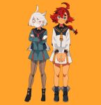  2girls adapted_costume ahoge ankle_boots aqua_eyes asticassia_school_uniform black_footwear black_hairband black_pantyhose black_sailor_collar black_socks blush_stickers boots crossed_arms dou_(mame_eee) frown full_body green_serafuku green_skirt grey_eyes grey_hair gundam gundam_suisei_no_majo hair_between_eyes hairband highres long_hair long_sleeves looking_to_the_side low_ponytail miorine_rembran multiple_girls necktie pantyhose red_necktie redhead sailor_collar school_uniform serafuku simple_background skirt smile socks standing suletta_mercury thick_eyebrows white_serafuku white_skirt yellow_background yellow_necktie 