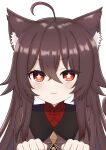  1girl :3 absurdres ahoge animal_ears baku_(ggininder0) bangs black_hair cat_ears cat_girl chinese_clothes commentary_request genshin_impact hair_between_eyes highres hu_tao_(genshin_impact) kemonomimi_mode long_hair long_sleeves looking_at_viewer paw_pose red_eyes sidelocks simple_background smile solo symbol-shaped_pupils twintails white_background 