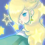  1girl bangs bare_shoulders blonde_hair blue_eyes blush closed_mouth earrings hair_over_one_eye hououji_arashi jewelry long_hair long_sleeves looking_at_viewer lowres medium_hair rosalina simple_background smile solo star_(symbol) star_earrings super_mario_bros. super_mario_galaxy super_mario_galaxy_2 upper_body 