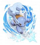  brown_eyes claws closed_mouth commentary_request fangs fangs_out full_body no_humans pokemon pokemon_(creature) smile solo wartortle water watermark yamanashi_taiki 