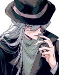  1boy absurdres ako_(eanaaati1) bangs black_coat cigarette coat commentary_request formal gin_(meitantei_conan) green_eyes grey_shirt hair_between_eyes hair_over_one_eye hat highres holding holding_cigarette long_hair looking_at_viewer looking_up male_focus meitantei_conan nose parted_lips shadow shirt simple_background suit teeth upper_body white_background 