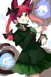  1girl absurdres animal_ears asuku_(69-1-31) blunt_ends bow braid cat_ears dress green_dress grin hair_bow highres hitodama kaenbyou_rin multiple_tails nekomata red_eyes redhead simple_background smile tail touhou twin_braids two_tails white_background 