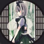  1girl bamboo black_bow black_hairband bob_cut bow bow_hairband circle ghost ghost_tail green_eyes green_skirt green_vest grey_hair hairband highres hitodama hitodama_print holding holding_sword holding_weapon konpaku_youmu konpaku_youmu_(ghost) looking_at_viewer mo_25_mo puffy_short_sleeves puffy_sleeves shirt short_hair short_sleeves skirt smile solo sword touhou vest weapon white_shirt 