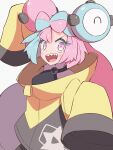 1girl bow-shaped_hair character_hair_ornament hair_ornament hexagon_print highres iono_(pokemon) jacket kurachi_mizuki long_hair low-tied_long_hair oversized_clothes pokemon pokemon_(game) pokemon_sv sharp_teeth sleeves_past_fingers sleeves_past_wrists solo teeth twintails very_long_sleeves x yellow_jacket