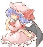  1girl bangs bat_wings blue_hair closed_mouth colored_eyelashes commentary_request dress frilled_dress frills hand_up hat hat_ribbon medium_hair mob_cap pink_dress pink_headwear puffy_short_sleeves puffy_sleeves red_eyes red_ribbon remilia_scarlet ribbon short_sleeves simple_background smile solo touhou white_background wings yamasina009 