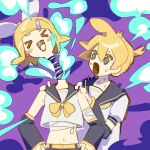&gt;_&lt; 1boy 1girl aqua_eyes bandaged_arm bandaged_chest bandages bare_shoulders black_sailor_collar blonde_hair blush_stickers bow chi_ya commentary crop_top disembodied_head flinch hair_bow halloween hands_on_another&#039;s_shoulders hands_on_hips heart highres kagamine_len kagamine_rin midriff navel neckerchief open_mouth purple_background sailor_collar scared shirt short_hair short_ponytail smile smoke spiky_hair spring_(object) surprised sweat sweating_profusely symbol-only_commentary twins upper_body vocaloid what white_bow white_shirt yellow_neckerchief