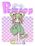  1girl :d barefoot chey freckles gift green_eyes green_hair green_sweater hair_rings hat highres holding lily_(chey) long_sleeves looking_at_viewer medium_hair notice_lines open_mouth original party_hat petscop sleeves_past_wrists smile solo standing sweater tadpole_tail 