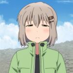  1girl anime_coloring bangs black_shirt blue_sky blush closed_mouth clouds commentary_request day drawstring green_eyes green_jacket grey_hair hair_between_eyes hair_ornament hairclip half-closed_eyes jacket looking_at_viewer open_clothes open_jacket outdoors shirosato shirt sky solo upper_body yama_no_susume yukimura_aoi 