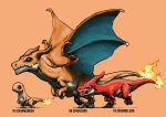  absurdres animal_focus blacknirrow blue_eyes blue_wings character_name charizard charmander charmeleon claws closed_mouth commentary dinosaur dragon english_commentary english_text evolutionary_line fang fang_out fangs fire flame-tipped_tail flying from_side full_body highres leg_up looking_at_another no_humans open_mouth orange_background orange_theme pokedex_number pokemon pokemon_(creature) realistic sketch slit_pupils spiked_wings spikes standing standing_on_one_leg wings 