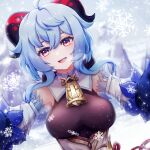  1girl absurdres bangs bare_shoulders bell blue_hair blush bodysuit bow breasts detached_sleeves ganyu_(genshin_impact) genshin_impact goat_horns gold_trim green_eyes highres horns long_hair looking_at_viewer medium_breasts neck_bell open_mouth pochaimo reaching_towards_viewer smile snowflakes snowing solo teeth upper_body upper_teeth 