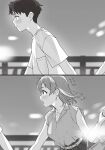  1boy 1girl arm_up arms_up bag bare_arms belt belt_buckle blurry blurry_background blush buckle closed_mouth depth_of_field doushimasho greyscale handbag highres holding_hands looking_ahead monochrome open_mouth original outdoors railing shirt short_hair 