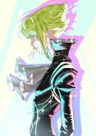  1boy absurdres androgynous ascot bangs black_jacket chamuring earrings furrowed_brow green_hair high_collar highres jacket jewelry lio_fotia male_focus open_collar profile promare short_hair sidelocks solo upper_body white_ascot wide-eyed 