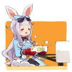  1girl animal_ears character_request drooling grey_hair highres long_hair mota open_mouth oven_mitts rabbit_ears smile solo 