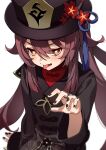  1girl :p absurdres arm_support bangs black_nails blurry brown_hair chinese_clothes commentary_request depth_of_field eyes_visible_through_hair flower genshin_impact ghost_pose hair_between_eyes hat hat_flower hat_ornament highres hu_tao_(genshin_impact) jewelry long_hair long_sleeves looking_at_viewer looking_up orange_eyes ring shao_(shaorouhong) sidelocks simple_background sitting solo symbol-shaped_pupils tongue tongue_out twintails white_background 