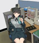  1girl at_computer black_eyes black_hair book breasts camouflage can chair coat_of_arms computer cowboy_shot crt file file_cabinet hand_in_pocket hand_up heroes_of_might_and_magic highres holding holding_can indoors jacket keyboard_(computer) looking_at_viewer medium_hair military military_uniform monitor monster_energy mouse_(computer) office_chair original paper playing_games product_placement republic_of_korea_army ribbon_bar sitting skirt slouching solo thighs unbuttoned uniform wani_(perfect_han) 