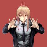  1girl black_necktie blonde_hair chainsaw_man collared_shirt crosshair_pupils fangs hair_between_eyes highres horns jacket necktie open_mouth osakanaotoko power_(chainsaw_man) red_background red_horns shirt simple_background solo 