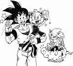 1girl 2boys amy_rose arm_up boots bracelet crossover dragon_ball dress english_commentary flower flying_nimbus gloves greyscale hand_up jealous jewelry looking_at_viewer monochrome multiple_boys open_mouth sheila96716588 shoes smile son_goku sonic_(series) sonic_the_hedgehog spiky_hair star_(symbol) sweatdrop twitter_username waving