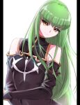  1girl bangs black_border black_sleeves border bridal_gauntlets c.c. closed_mouth code_geass covered_collarbone detached_sleeves gizamond green_hair head_tilt highres long_hair long_sleeves looking_at_viewer pillarboxed shiny shiny_hair simple_background sketch smile solo straight_hair twitter_username upper_body very_long_hair white_background yellow_eyes 