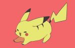  :d animal_focus closed_eyes commentary_request fang from_side full_body highres no_humans nuime_(nuishiron) open_mouth pikachu pink_background pokemon pokemon_(creature) smile solo 