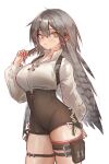  1girl absurdres arknights arm_behind_back breasts cowboy_shot fartooth_(arknights) feather_hair gauntlets green_eyes grey_hair hair_twirling high-waist_shorts highres kaguura_(kagu) large_breasts long_hair simple_background standing thigh_pouch thigh_strap 