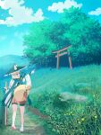  1girl animal_ears bike_shorts bike_shorts_under_skirt blonde_hair cane day fox_ears fox_girl fox_tail grass hat highres japanese_clothes katana miko naohiro nature original outdoors pointing scenery short_hair sky solo sword sword_on_back tail torii tree weapon weapon_on_back zouri 